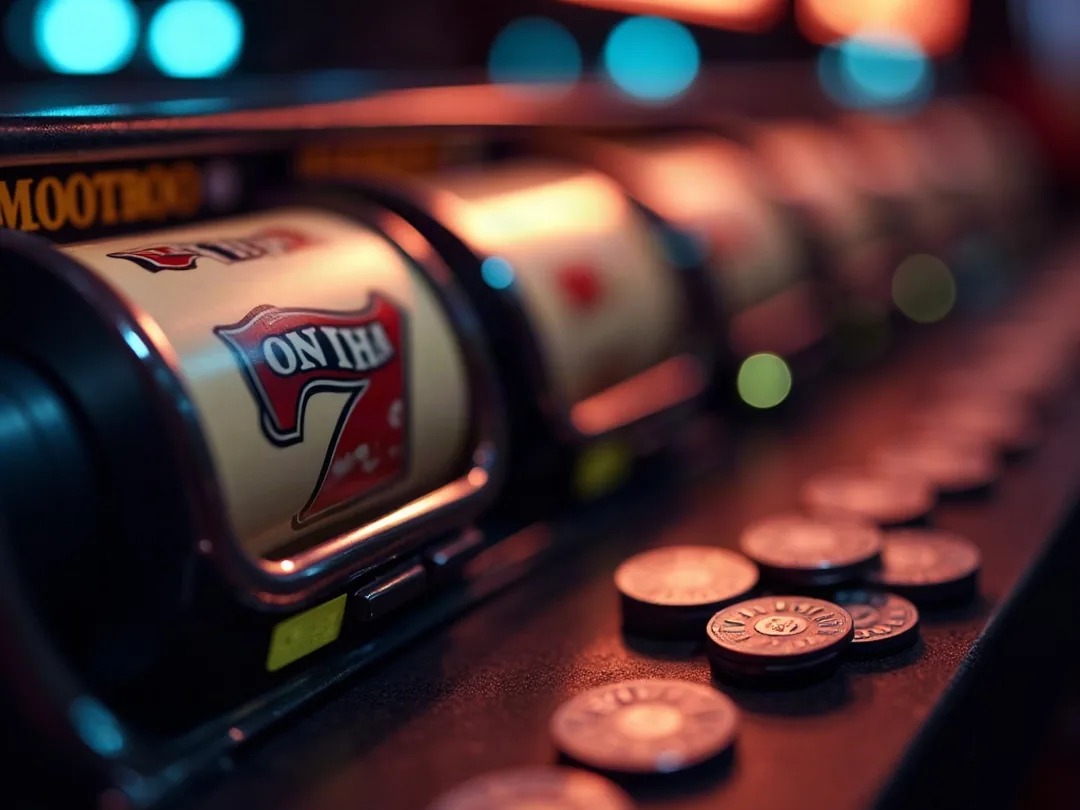 Primo piano dei rulli di una slot durante il gioco, con fiches e monete vicine